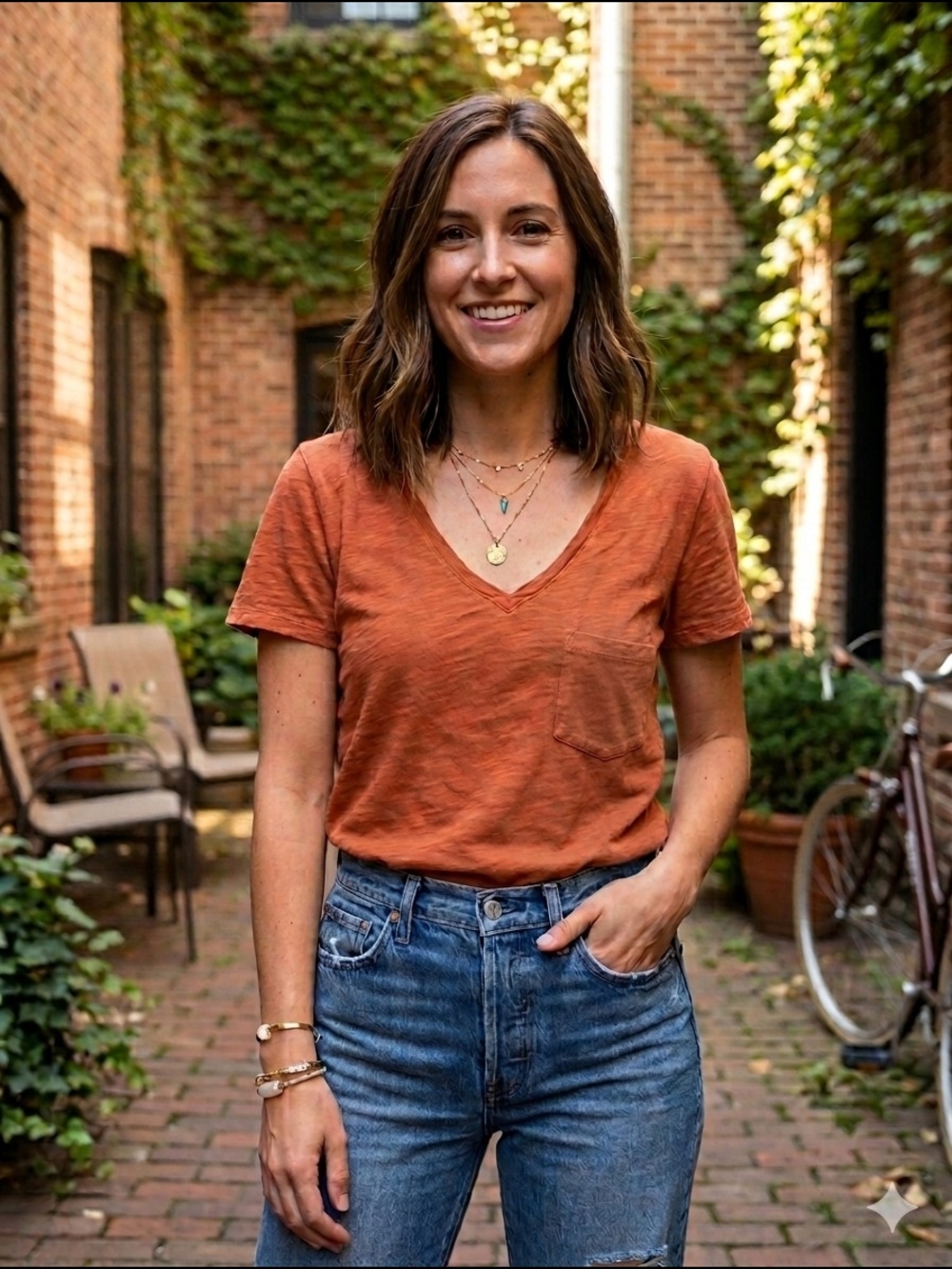 Madewell V-Neck Pocket Tee in Burnt Orange